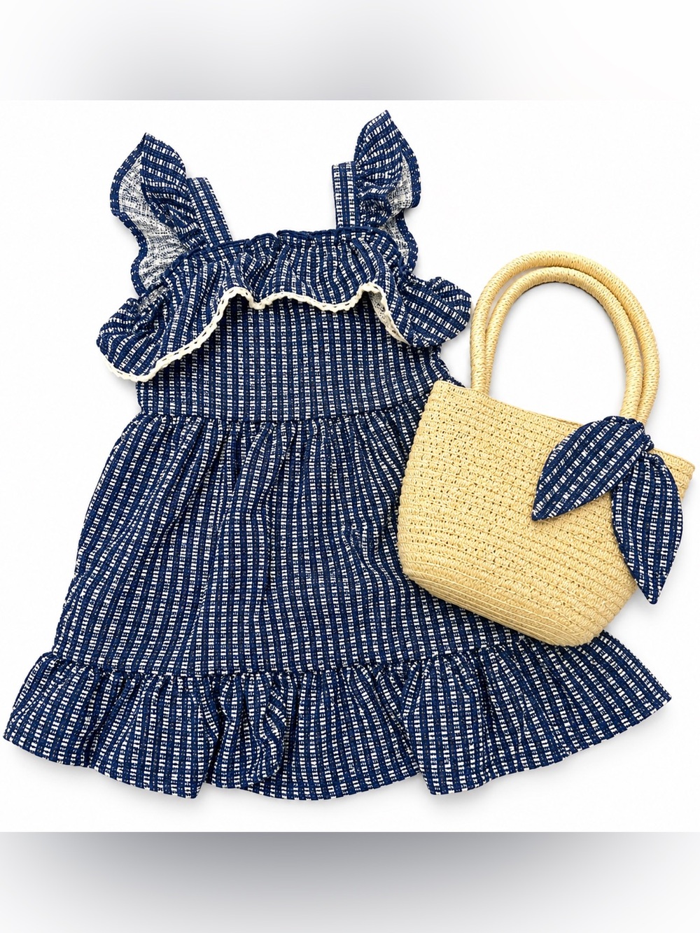 Sincerly Jules Navy Striped Ruffle Sundress with Straw Tote